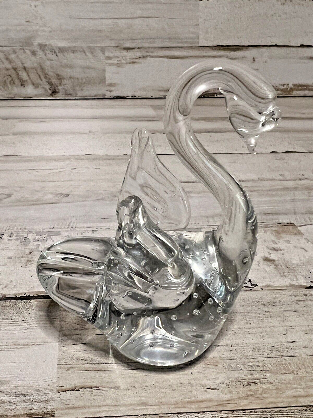 Vintage 4” Art Blown Glass Swan Figurine Clear Controlled Bubble Paperweight